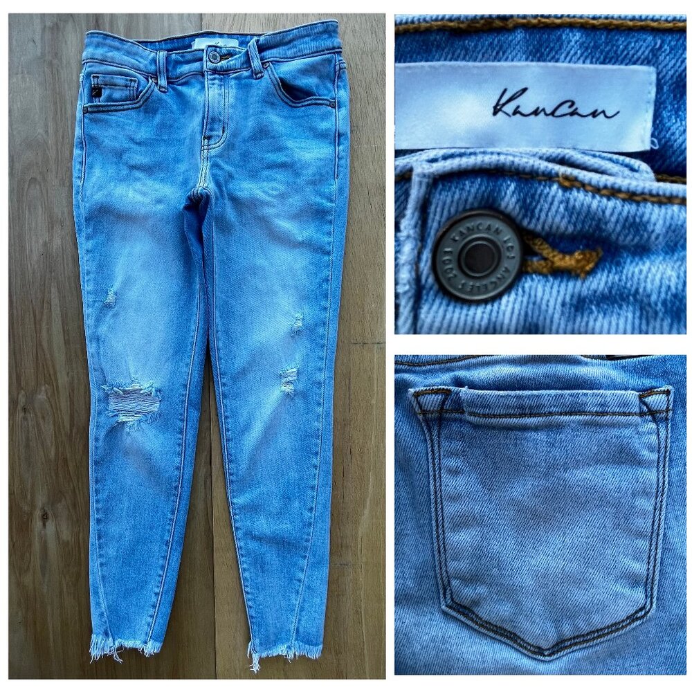 KANCAN BOYFRIEND FRAYED HEM WOMEN’S JEANS sz 9 / 28 Light Wash STRETCHY Denim